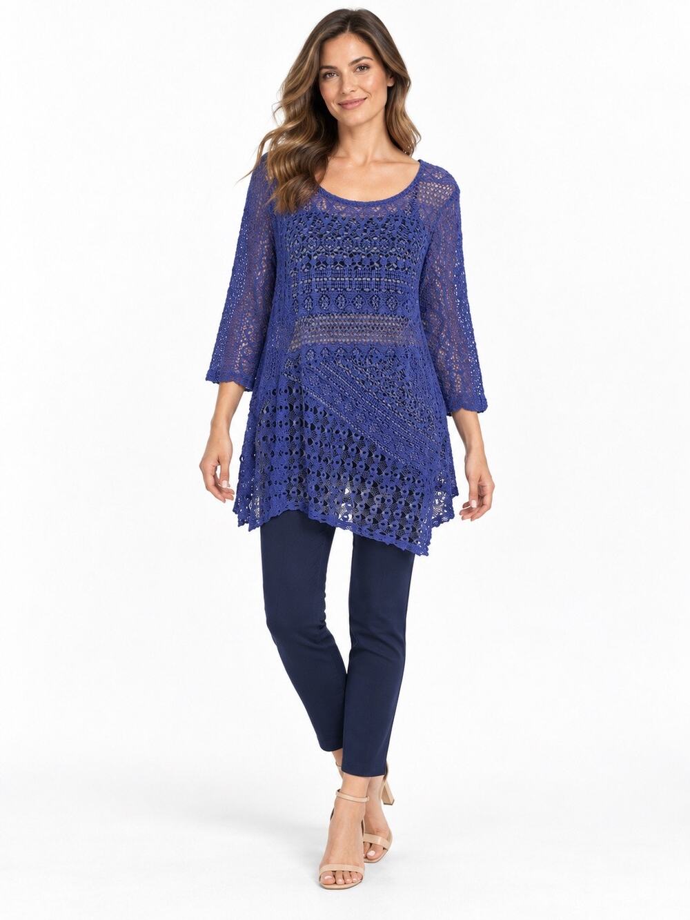 JM Collection Sheer Blueish Purple Lace Scoop Neck 3/4 Sleeve Long Blouse
